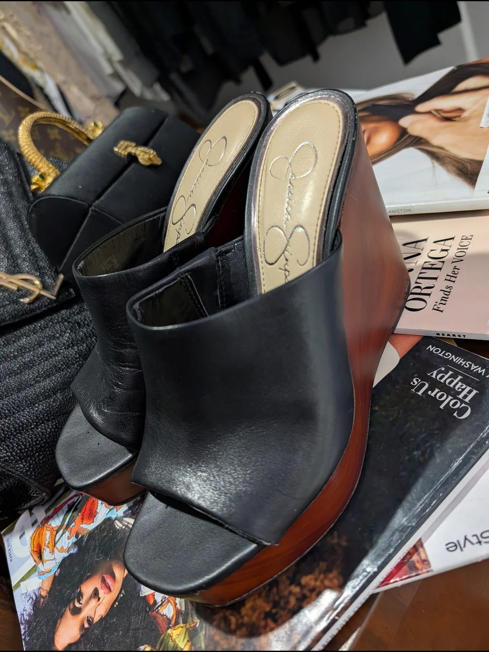 Jessica Simpson Black Leather Open-Toe Wedge Mules